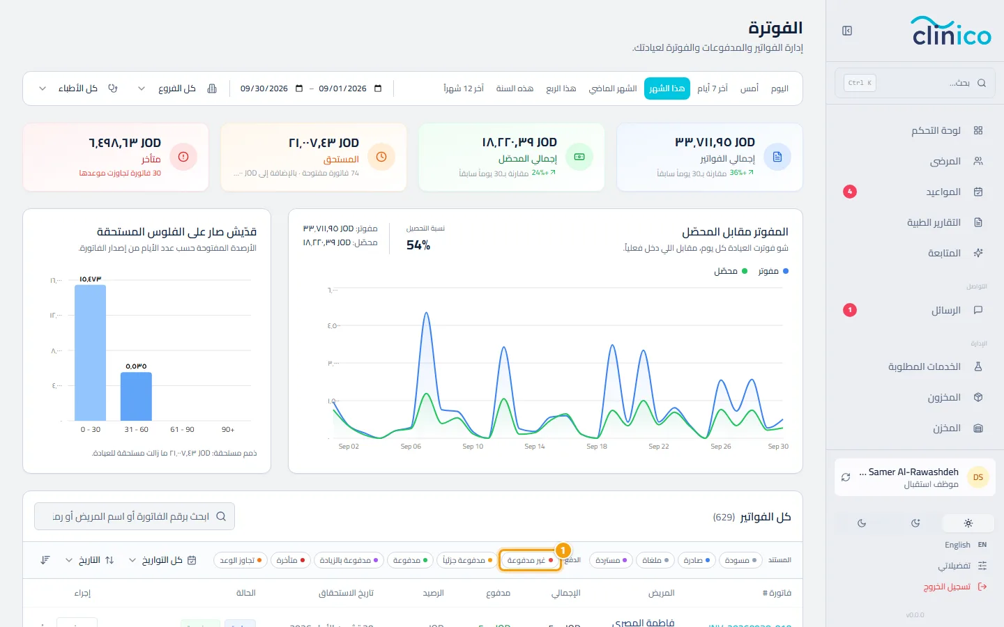 قائمة الفواتير وأزرار التصفية