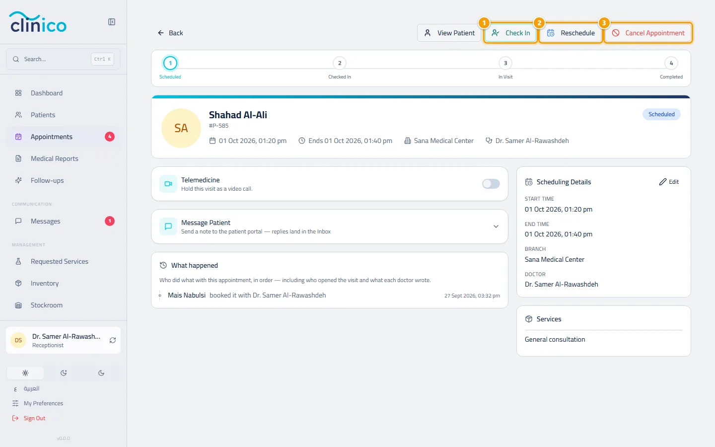 Check In, Reschedule and Cancel Appointment at the top of an appointment