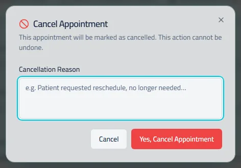 The cancel dialog with the reason box