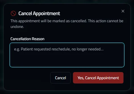 The cancel dialog with the reason box