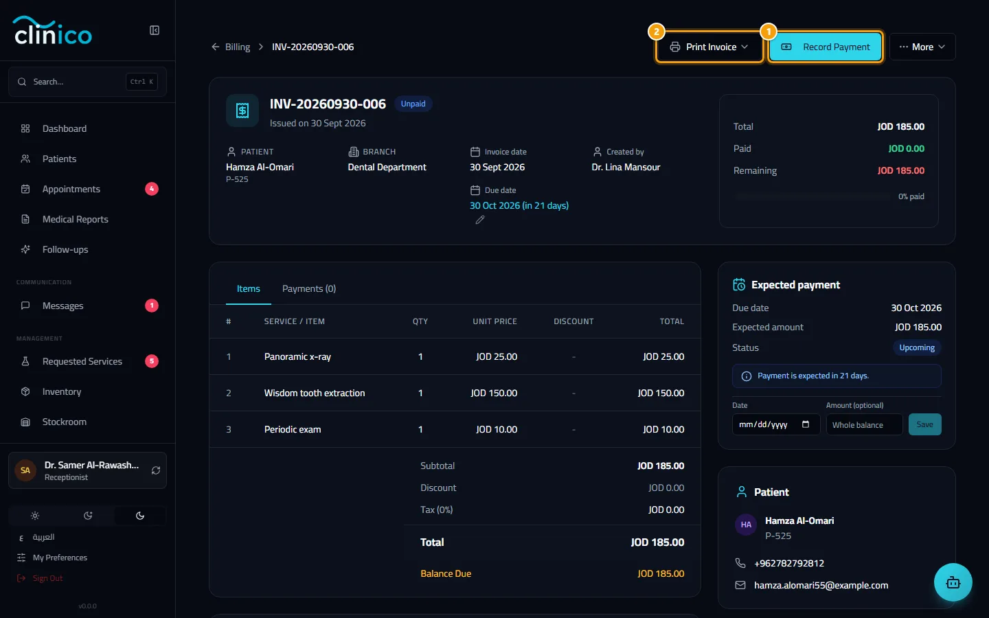 The invoice page with Record Payment and Print Invoice