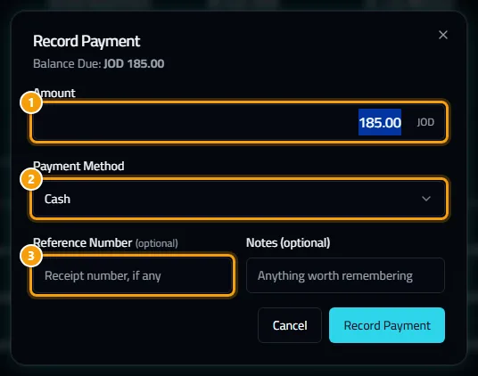 The Record Payment dialog: amount, method and reference