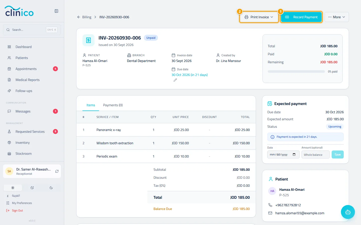 The invoice page with Record Payment and Print Invoice