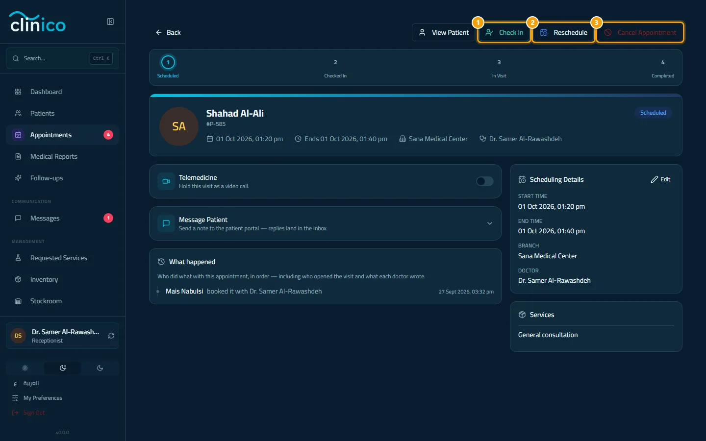Check In, Reschedule and Cancel Appointment at the top of an appointment