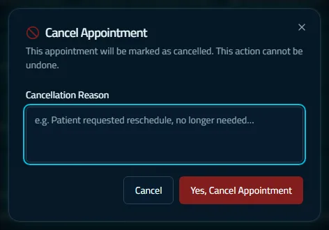 The cancel dialog with the reason box