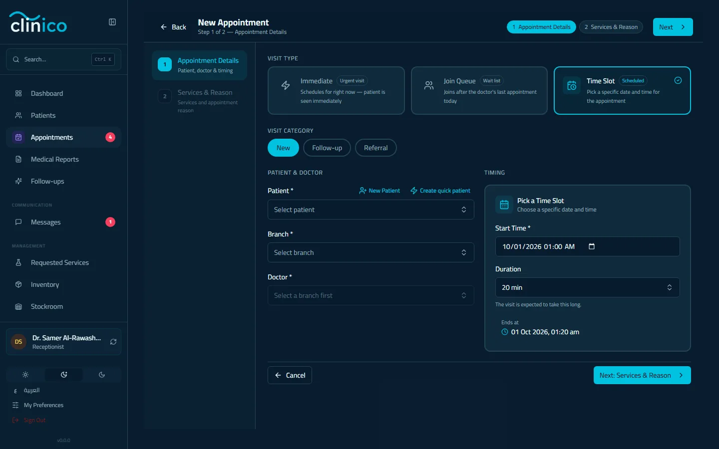 The first step of the booking form, with Time Slot chosen