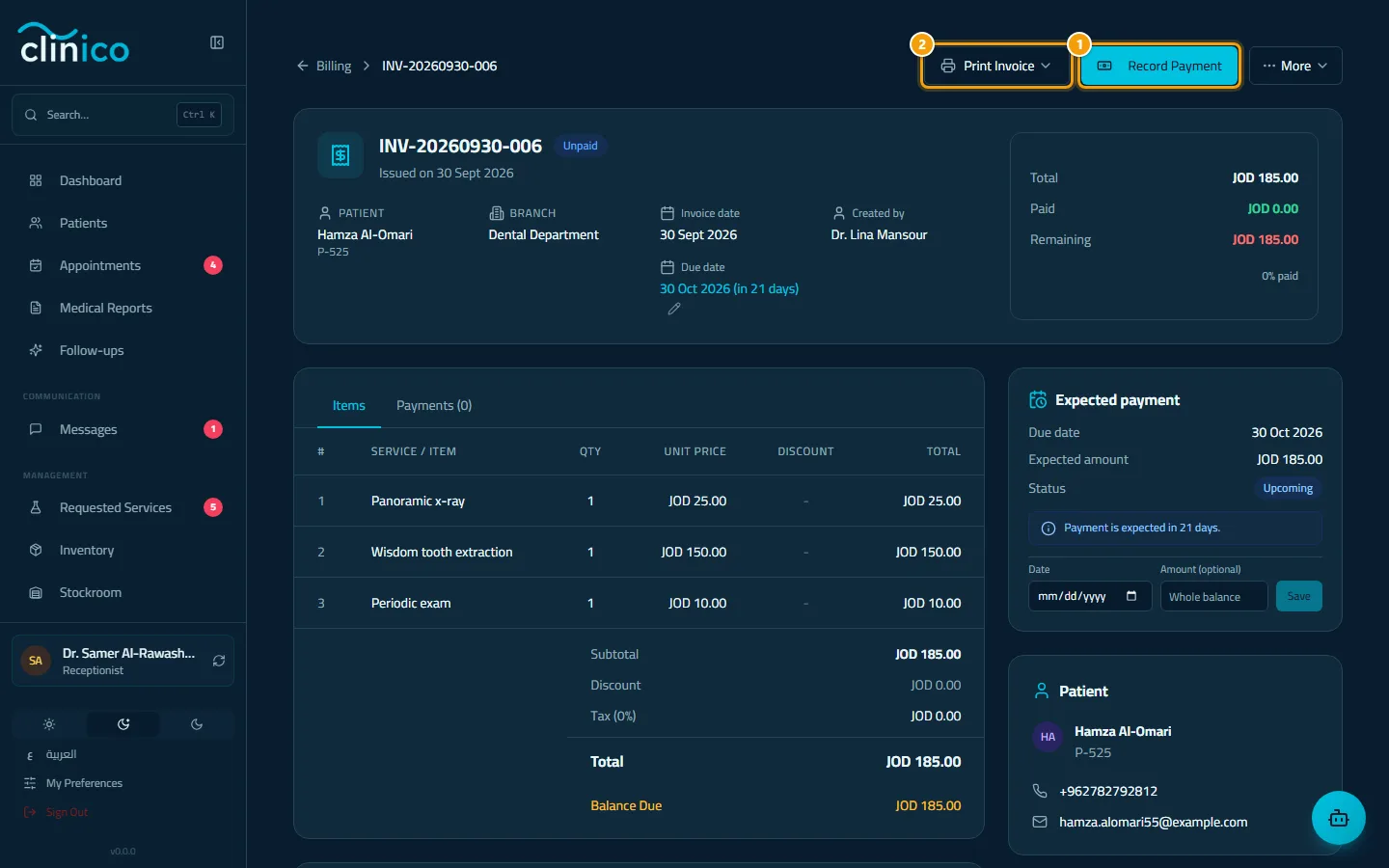 The invoice page with Record Payment and Print Invoice