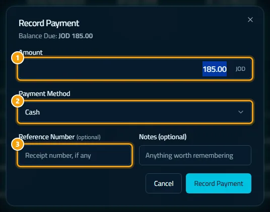 The Record Payment dialog: amount, method and reference