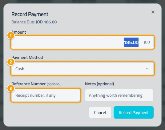 The Record Payment dialog: amount, method and reference